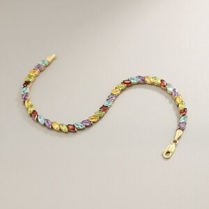 14K Gold Multi-Gemstone Marquise Tennis Bracelet 7.25 Inch 7.2g Amethyst Peridot